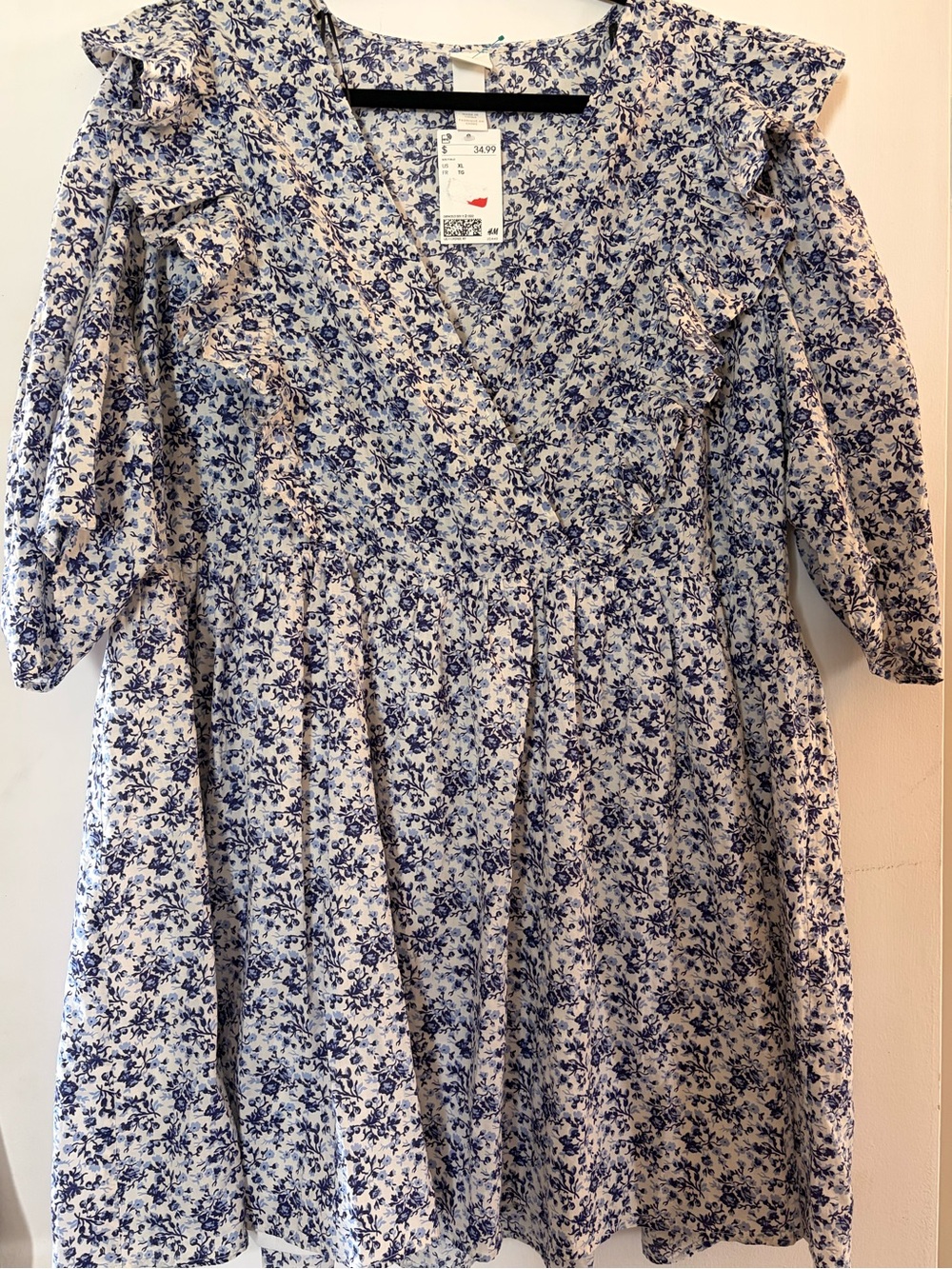 NWT H&M Women’s White and Blue Floral Ruffle Babydoll Mini Dress XL